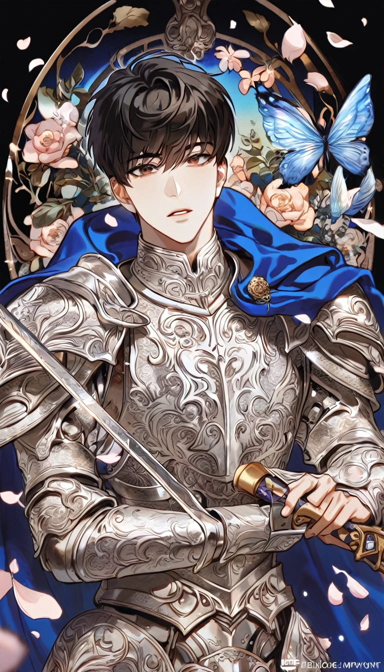 (absurdres, highres, ultra detailed, HDR) master piece, best quality, perfect face, delicated features, Kim Dokja, black hair, expressive brown eyes, Omniscient reader's viewpoint, solo, sexy man, handsome, silver armor, blue cape, knight, magical, holding a sword, petals, flowers, butterflies