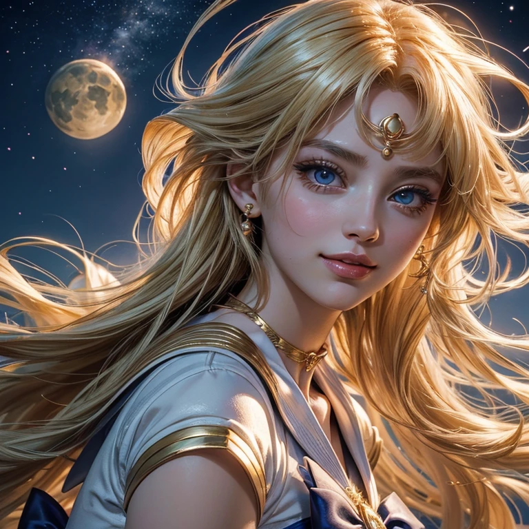 Very beautiful and shining big eyeasterpiece)), ((highest quality)), (super detailed), ((very detailed)), 4k, (8K), sailor moon, long blonde hair, The aesthetics of sailor moon, dream core, Aesthetics of Pleasure、slight smile, realistic,(Lie:1.3)