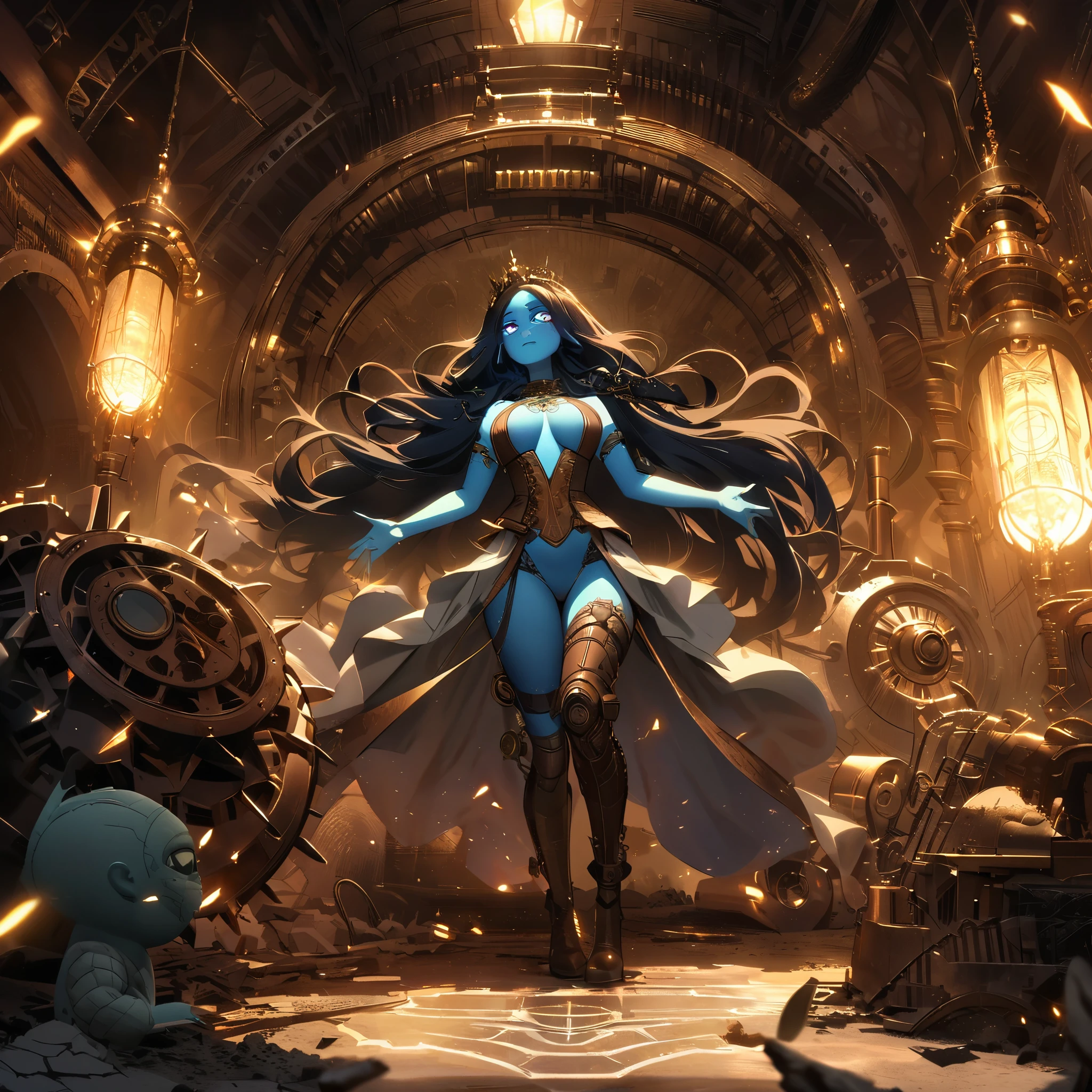 The queen of the mole people, a blue-skinned and gorgeous woman with mesmerizing doe eyes, has just driven her enormous and terrifying drilling machine into the lab, causing the floor to erupt. She is wearing a digger suit, which she now starts to take off. The steam punk-inspired scene is filled with intricate details, showcasing the blending of retro-futuristic elements and Victorian aesthetics. The drilling machine, covered in gears and pipes, exudes an aura of power and mechanical complexity. It emits plumes of steam and releases bursts of sparks as it pierces through the ground, leaving a trail of destruction in its wake. The machine's exterior is encrusted with rivets and adorned with elaborate engravings, reflecting the artistry of its construction. Surrounding the scene, the lab is a chaotic mess. Shattered glass and debris litter the floor, revealing hidden tunnels and secret passages leading to the mole people's underground kingdom. The walls are adorned with vintage scientific apparatus and steampunk-inspired machinery, with flickering gas lamps casting a dim but warm glow across the room. As the queen emerges from the machine, her blue skin glows with an ethereal radiance. Her eyes, captivating and full of depth, seem to hold a sense of mystery. Her lush, curled lashes frame her eyes, accentuating their beauty. The queen's dark, flowing hair cascades down her back, partially covering her backless corset and intricate leather attire. In the background, a group of mole people, with their pale and grubby skin, are gathered around in awe and reverence at their queen's entrance. They wear tattered clothing adorned with gears, goggles, and other steam punk accessories. Some wield primitive but intriguing underground weapons, ready to defend their queen and their homeland. The color palette of the scene reflects the steampunk aesthetic - a combination of warm earthy tones, brass tones, and deep blues. The lighting, characterized by the flickering gas lamps