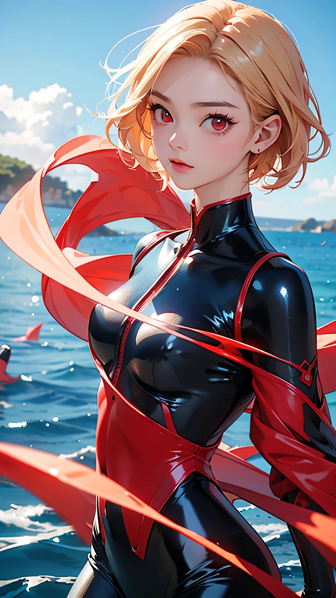 highest quality、Realistic、female、Japanese、zoom、cute、Red glowing eyes、Blonde Hair、Short Hair、Blue Hero Suit、Shiny bodysuit、Ocean、Ocean、swim