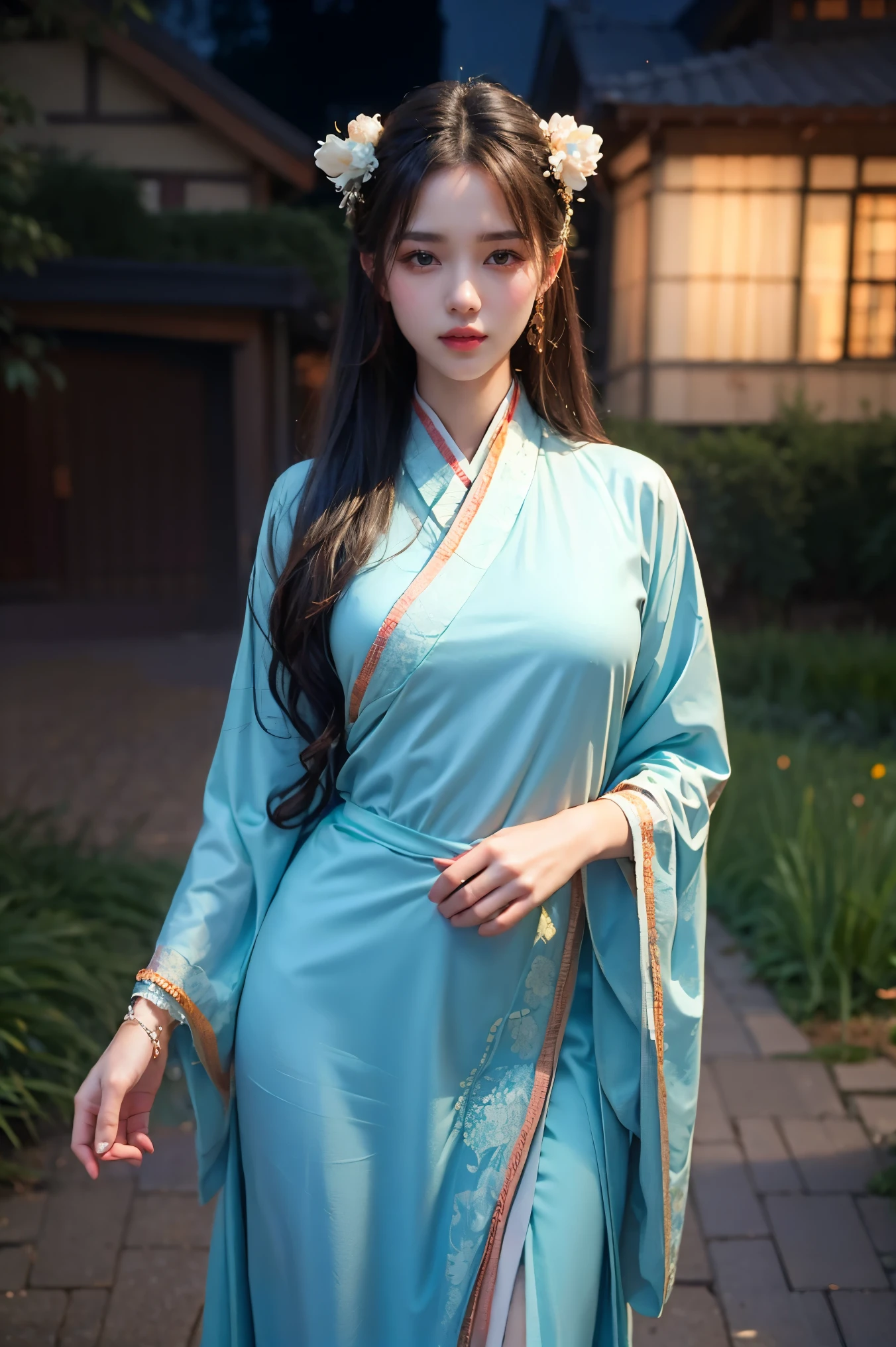 best quality, masterpiece, photo realistic, ultra realistic, raw photo, 1girl, hanfu, standing in front a house, hair ornament, bracelet, beautifull face, beautifull eyes, detailed background, finely detailed