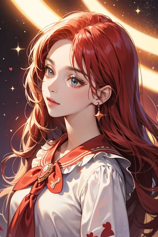 heart in her left ear and red kerchief around her neck. SPARKLE; GLITTER