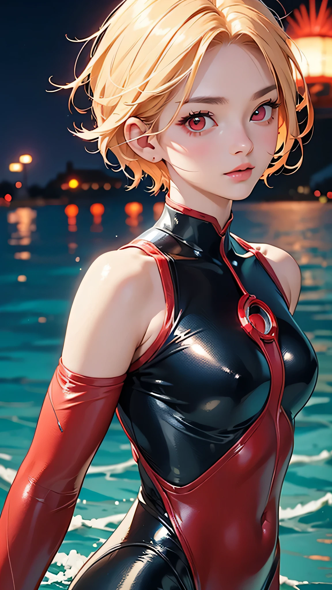 highest quality、Realistic、female、Japanese、zoom、cute、Red glowing eyes、Blonde Hair、Short Hair、Blue Hero Suit、Shiny bodysuit、Ocean、Ocean、swim