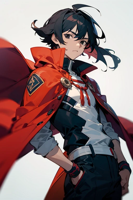 Male anime, black hair, black eyes, wearing adventure clothes, wearing a red cape, White background, And he stood up straight