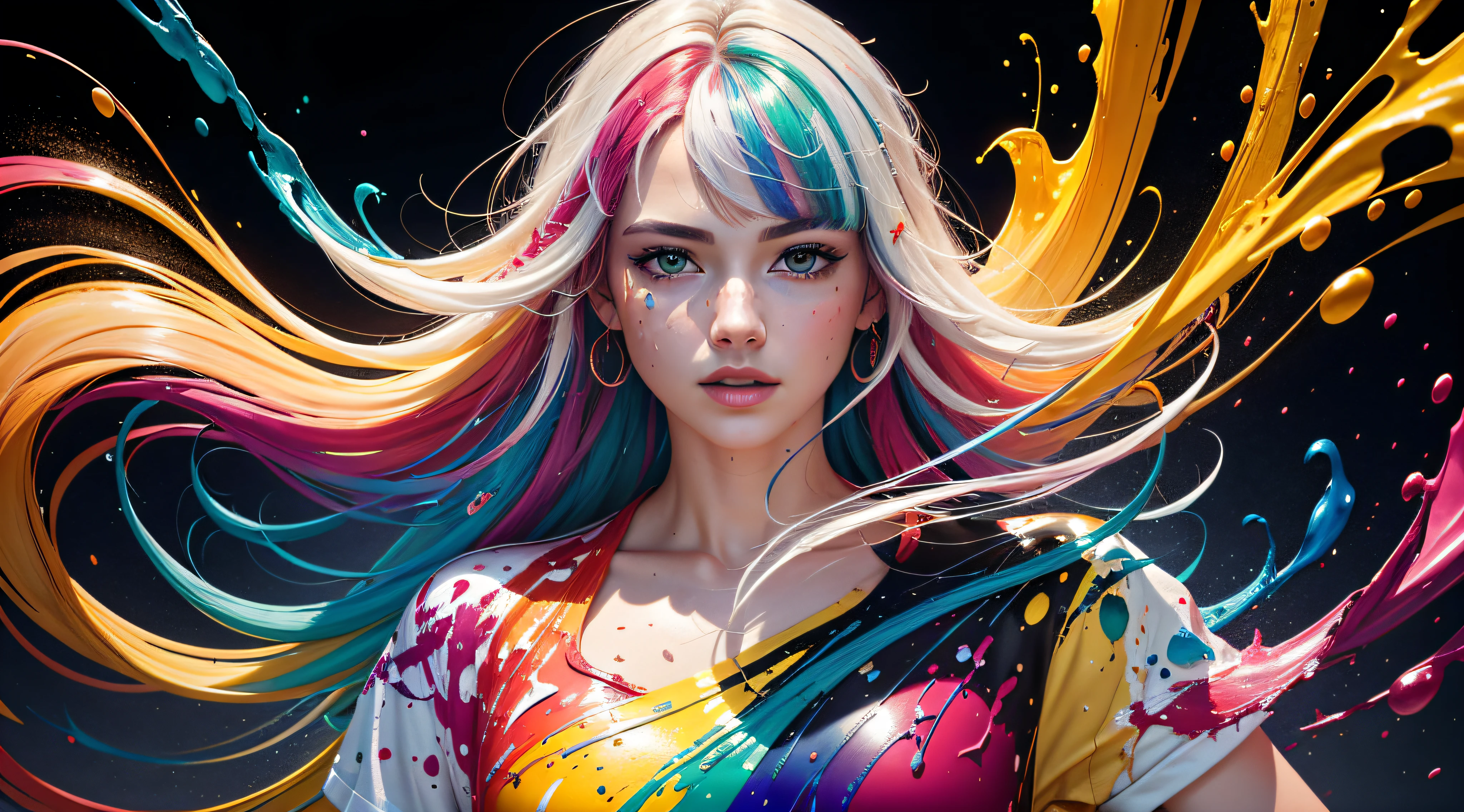 8k, RAW photo, realistic, photo-realistic, hyper-realistic, highest quality, best quality, masterpiece, highly detailed, absurdres,
masterpiece, best quality, (extremely detailed CG unity 8k wallpaper, masterpiece, best quality, ultra-detailed, best shadow), (detailed background), (beautiful detailed face, beautiful detailed eyes), High contrast, (best illumination), 1girl, Australian, multicoloured hair, beautiful, ((colourful paint splashes on transparent background, dulux)), ((caustic)), dynamic angle,beautiful detailed glow,full body, cowboy shot,