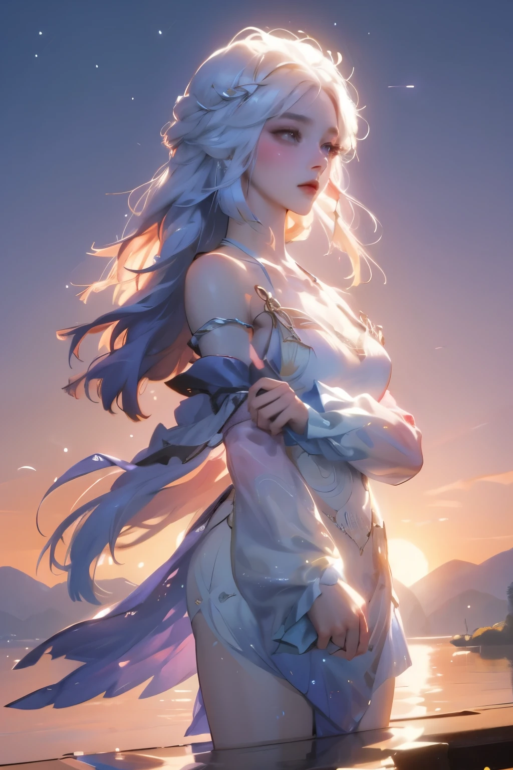 1 girl, Calm expression, Charming eyes, Long straight hair, floating dress, Maintain a balanced posture, Porcelain skin, faint blush, Crystal PendantBREAK Golden Hour, (Edge lighting):1.2, Warm colors, Solar flares, Soft shadows, Vibrant colors, Painting effects, Dreamy atmosphereBREAK Scenic lake, Distant Mountains, willow, Calm Water, reflection, Sun shining clouds, Peaceful atmosphere, idyllic sunset, Super detailed, Official Art, Unity 8k Wallpaper , Zentangle, Mandala