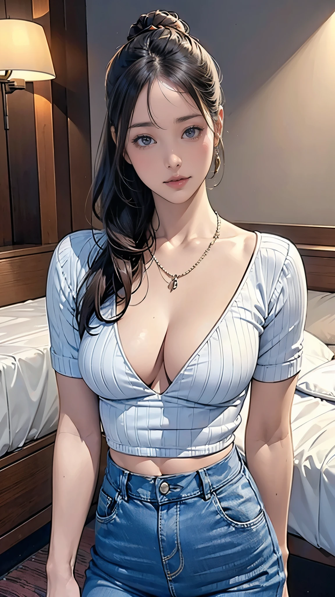 (masterpiece:1.2, highest quality), (Realistic, photoRealistic:1.4), Beautiful illustrations, (Natural Side Lighting, Cinema Lighting), Written boundary depth, Beautiful thighs staring at the viewer, (Face Focus, Upper Body), 1 female,20-year-old,alone,(With background:Hotel Rooms) , thin, slender, Long Hair, Curly Hair, One bun on top of the head, Forehead, thin, slender, Small , Cleavage, sweater, jeans, Earrings, necklace, Are standing