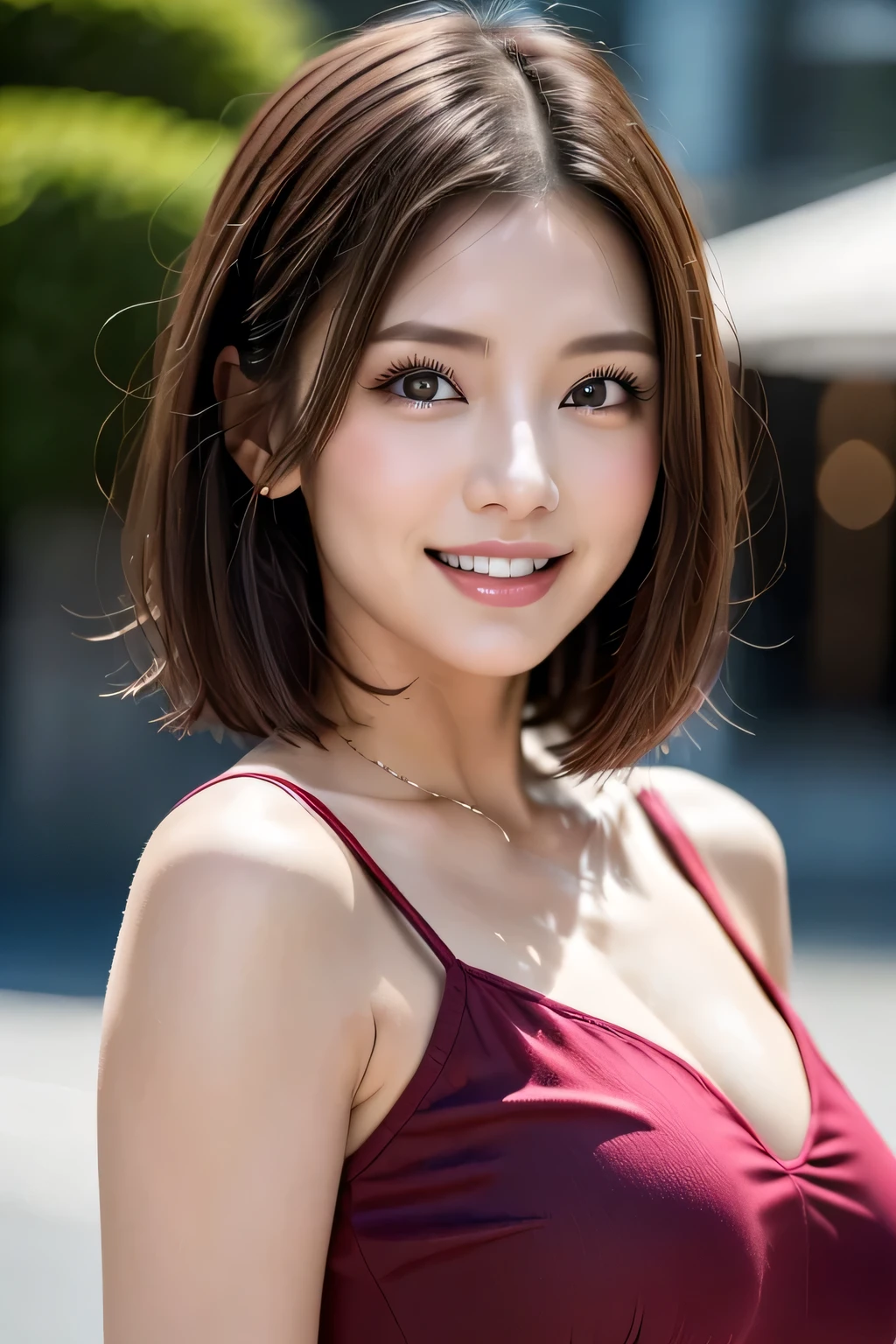 (8k, RAW Photos, highest quality, masterpiece, Realistic, Realistic), (1 female), (The ultimate beautiful middle-aged woman), Highly detailed face, (Perfect Teeth), Beautiful Eyes, double eyelid, eyelash, smile, Lip details, (Neat brunette bob), The light shines on your face, Big Breasts, ((Colorful mini dresses)), (front view), (background: none),  Background blur