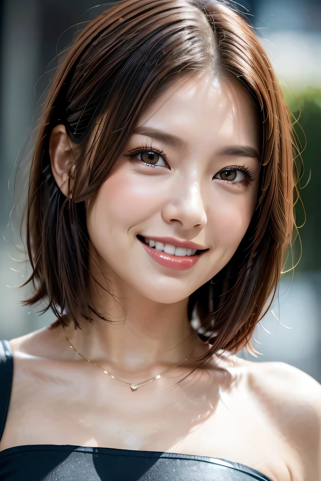 (8k, RAW Photos, highest quality, masterpiece, Realistic, Realistic), (1 female), (The ultimate beautiful middle-aged woman), Highly detailed face, (Perfect Teeth), Beautiful Eyes, double eyelid, eyelash, smile, Lip details, (Neat brunette bob), The light shines on your face, Big Breasts, ((Colorful mini dresses)), (front view), (background: none), Background blur