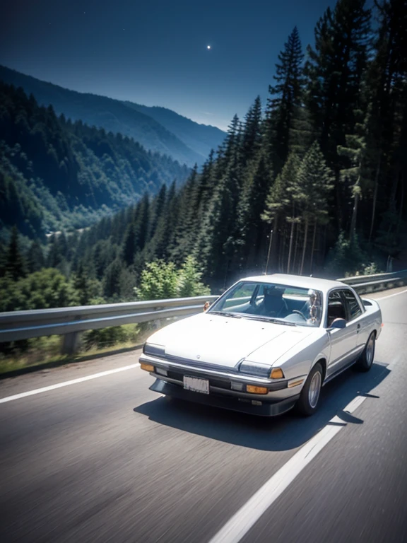 Sprinter Trueno（AE86）Initial D（anime）black and white car paint, Driving on the mountain road at night, Sharp focus, Cinematic bright lighting, Realistic, highest quality, Rich colors, High resolution