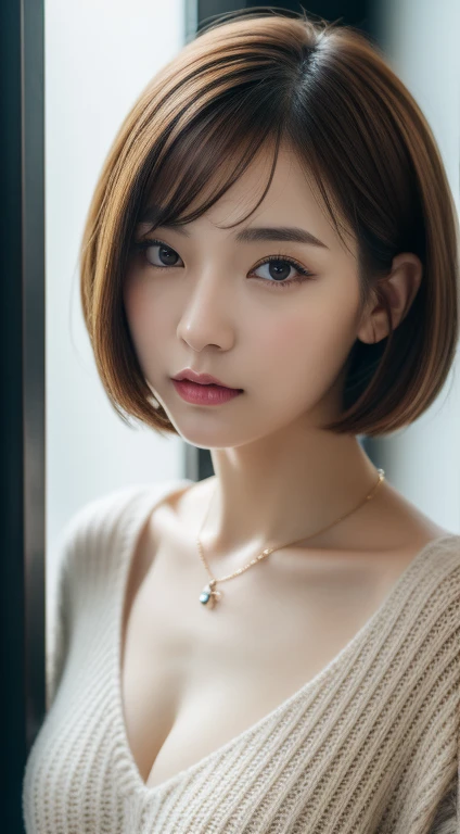 (Best quality, 8k, 32k, Masterpiece, UHD:1.2),Photo of Pretty Japanese woman, large breasts, very short bob hair,upper body,face focus,oversized_sweater, necklace, simple background, from above, looking at viewer,