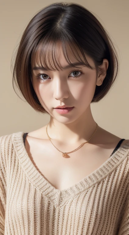 (Best quality, 8k, 32k, Masterpiece, UHD:1.2),Photo of Pretty Japanese woman, large breasts, very short bob hair,upper body,face focus,oversized_sweater, necklace, simple background, from above, looking at viewer,