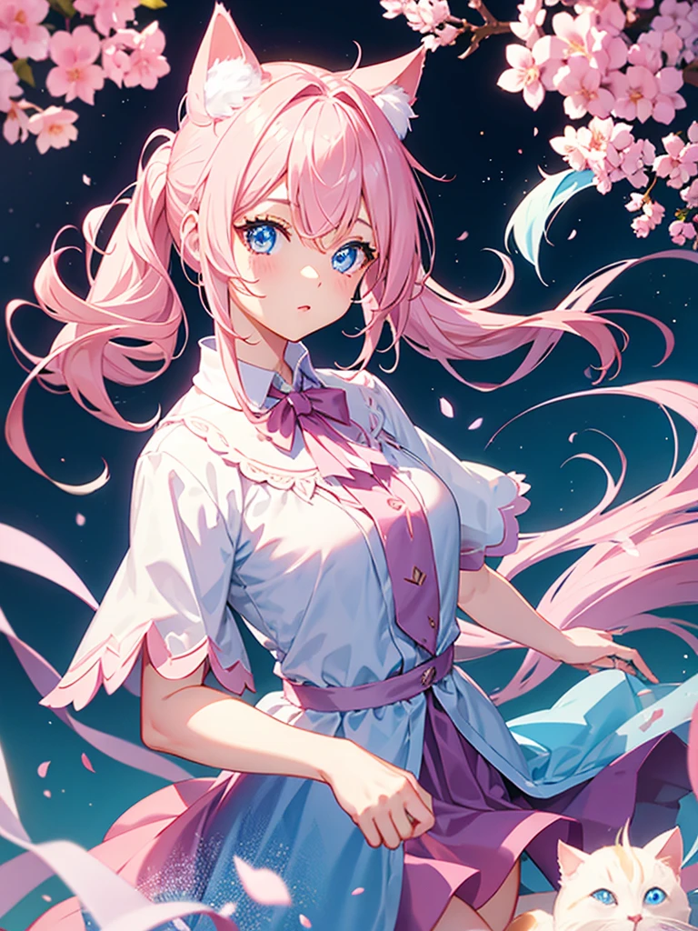 Light pink hair、ponytail、girl、Cat ear、Light blue eyeagic