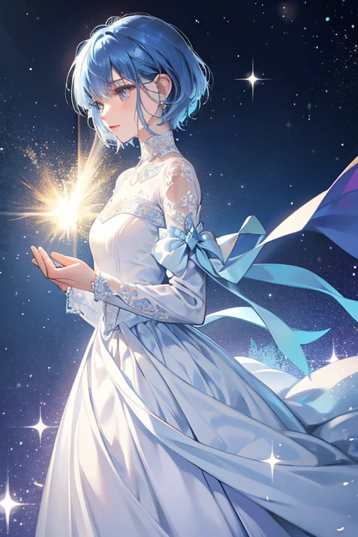short blue hair. she wears a long sleeve white gown. SPARKLE; GLITTER