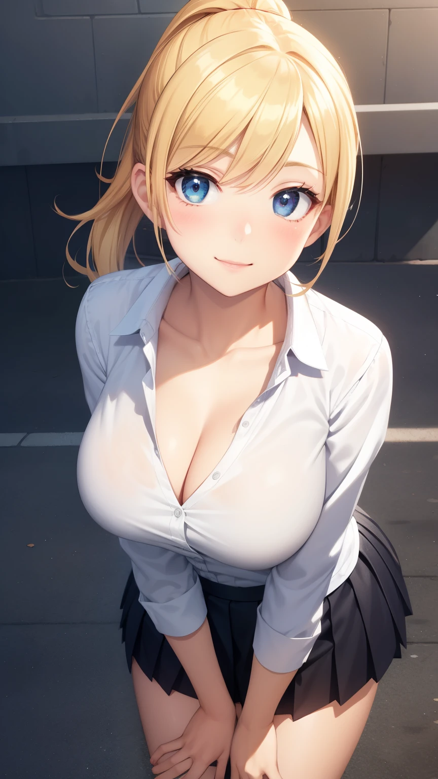 1girl, natural lighting, masterpiece, highly detailed, illustration, game CG, absurdres, high quality, aichan, large breasts, beautiful detailed eyes, detailed hair, glossy lips, blush, school, white shirt, black pleated miniskirt, collarbone, ponytail, leaning forward, light smile, from above, looking up at viewer, blonde hair, cleavage