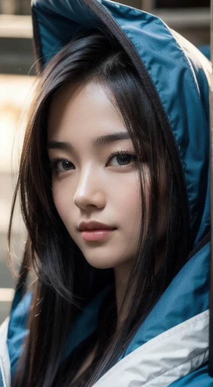 8k, best quality, masterpiece, realistic, ultra detail, photo realistic, hyper realistic, smoother lighting, increase cinematic lighting quality, realistic lighting, backlighting, brightening light, Increase quality, best quality real texture skin, close-up, slender, cute face, smile, beautiful details eyes, 19years old korean, pretty, Drill hair with electric blue color, hood,