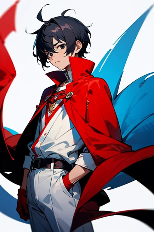 Male anime, black hair,and short hair, black eyes,Wearing classic adventure clothes , wearing a red cape, White background, And he stood up straight 