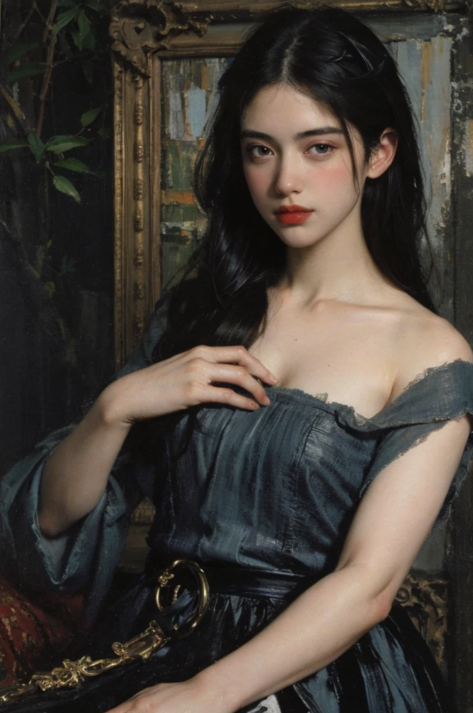 (Oil painting: 1.5),

\\

A woman with long black hair, (a detailed painting: 0.353), (Gothic art: 0.106)