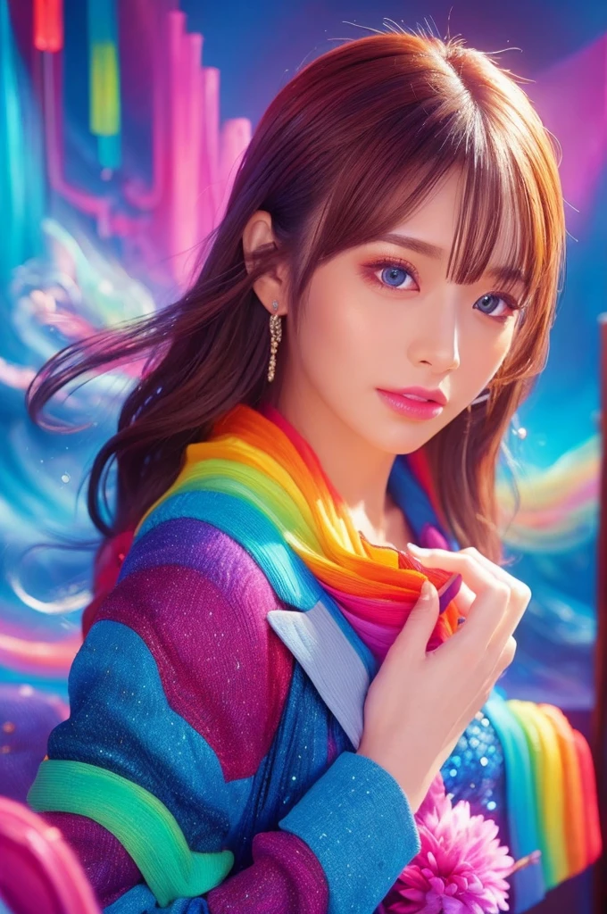 best quality, 8k, highly detailed face and skin texture, high resolution, sexy girl in colorful suit, fantastic style background image, magical style, sharp focus