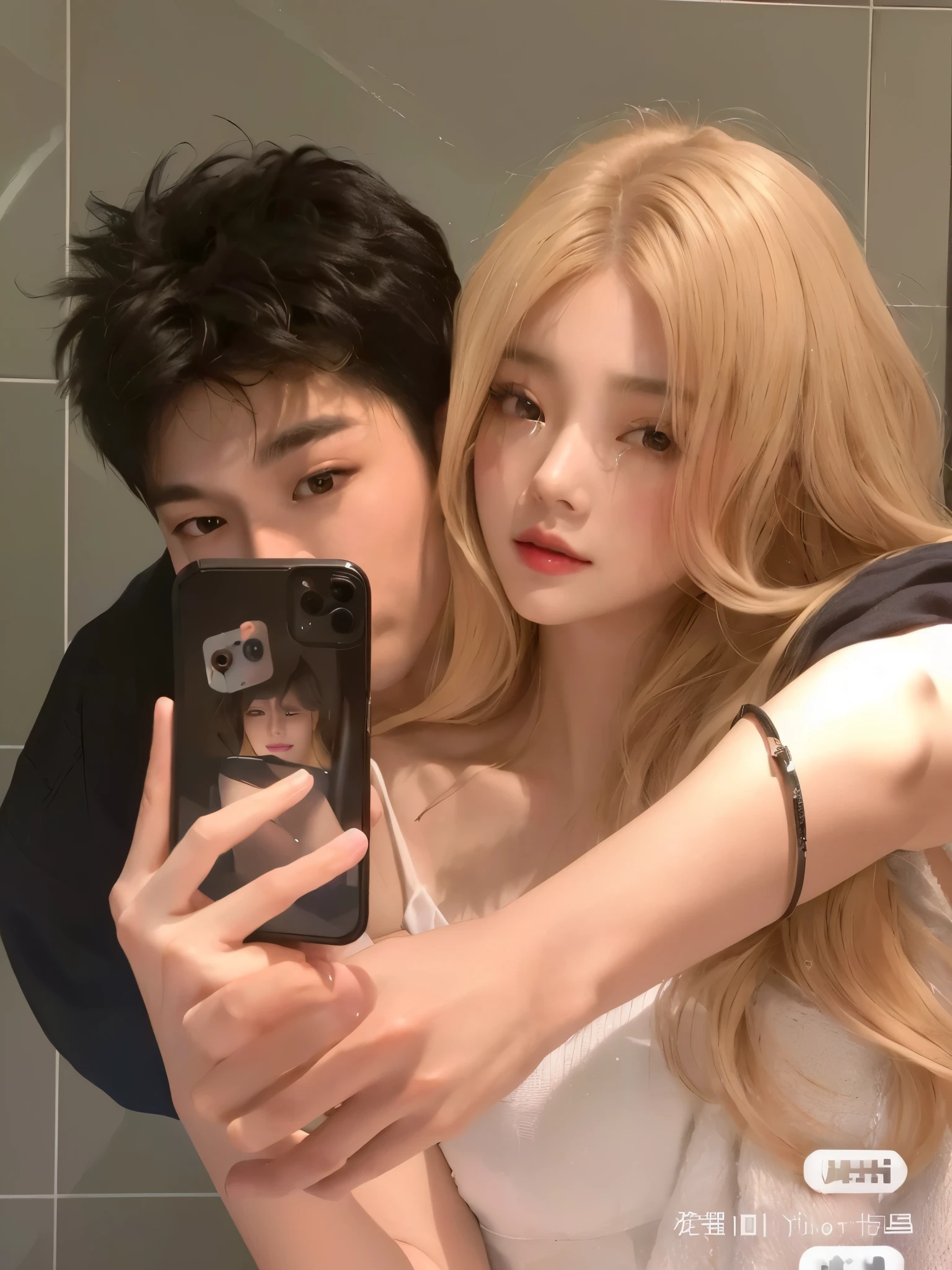 there is a man and a woman taking a selfie in the bathroom mirror, selfie enamorado, postura de pareja, ulzzang, 8k selfie photography, Loish y Ross Tran, Lalisa Manobal, yanjun chengt, nixeu y sakimichan, jin shan y ross tran, kim taejin, pareja adorable, cai xukun, selfie con iPhone