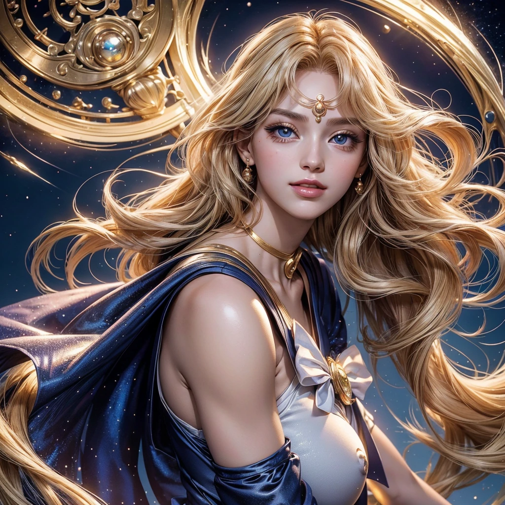 Very beautiful and shining big eyeasterpiece)), ((highest quality)), (super detailed), ((very detailed)), 4k, (8K), sailor moon, long blonde hair, The aesthetics of sailor moon, dream core, Aesthetics of Pleasure、slight smile, realistic,(Lie:1.3),medium body shot