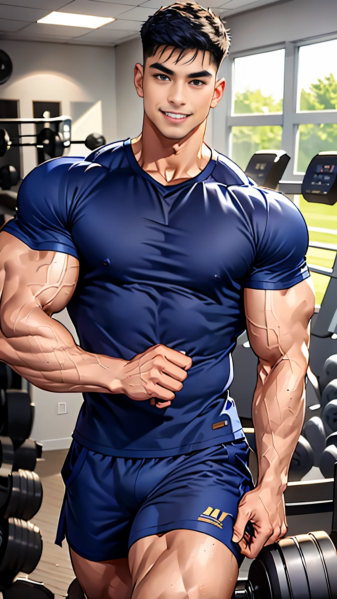 (Create a masterpiece: 1.2),(CGI art:1.3),(realistic:1.5),(After processing:1.3), (Sharp focus:1.3), male play dumbbell, smile, (Navy blue tight-fitting shirt with a round neck and short sleeves.: 1.3), Navy cargo pants, Korean guy , korean men, (High gloss details), chest muscles, large arm muscles, blood vessel, Big muscles, Broad shoulders, looking at the audience, Balancing the eyes, fitness room, (gym room : 1.3, (Eyes look up: 1.1) ,