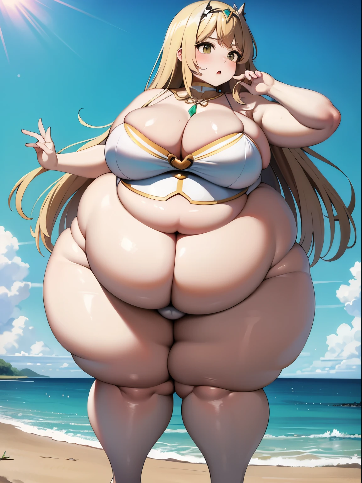 ((highest quality)), ((masterpiece)), (detailed), Perfect Face, Define the body, Big , Big Hips, massive legs, Overflowing breasts,ms, Underbust, Fat, Xenoblade Chronicles 2 Mithra, (((extremely obese))), body whale-like size, body covered in fat, angry, mythra in a dazzling swimsuit, white swimsuit, whole body, beach, Sunset, From the back, Stand, big hip, from diagonally below, plump, thick lower body, fat