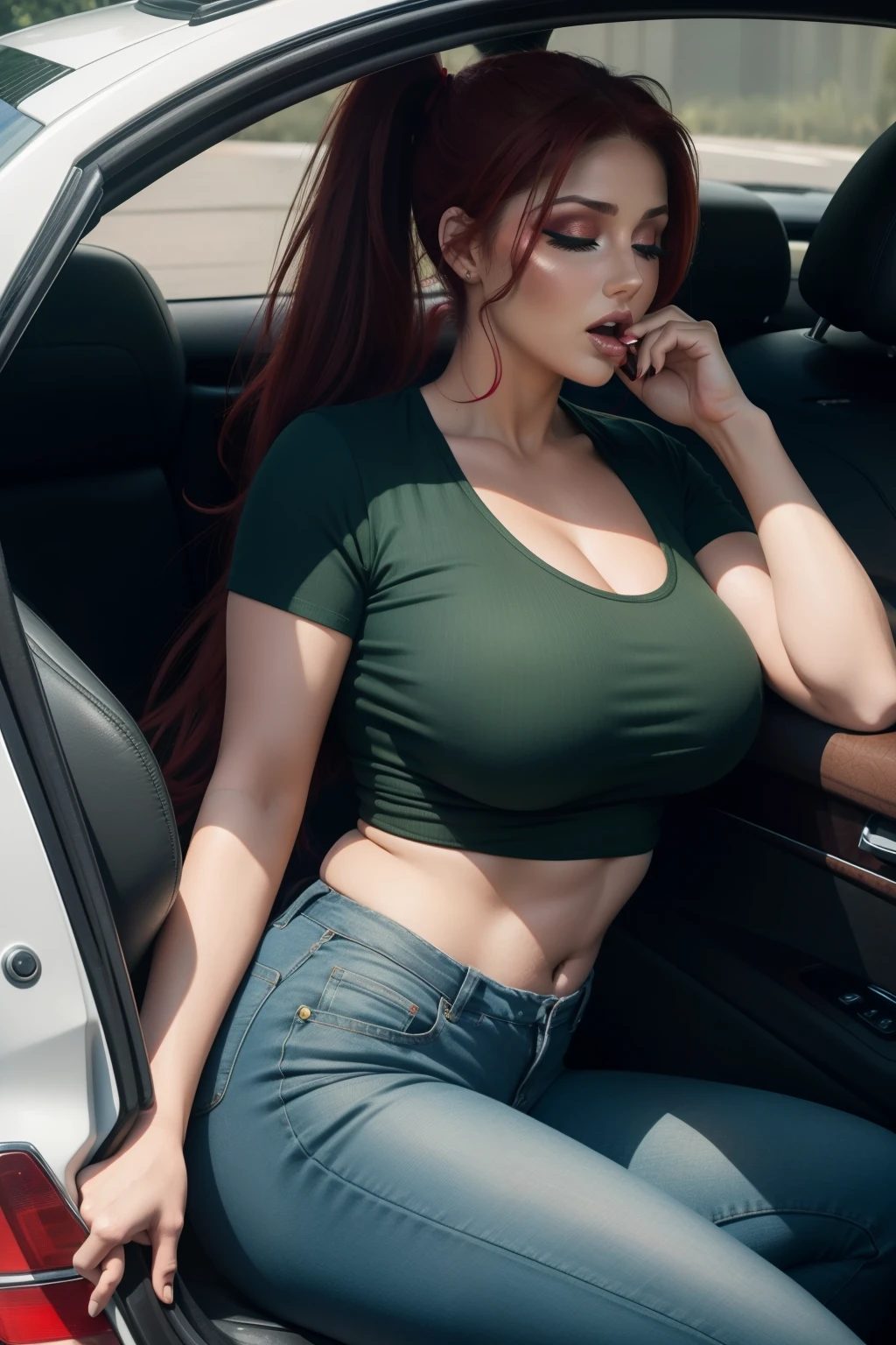 1 beautiful woman, Lucy Pinder, voluptuous woman, red hair, ponytail, ((very intense makeup)), green striped t-shirt, black jeans, sleeping sitting on the car, ((mouth open)), eyes closed.