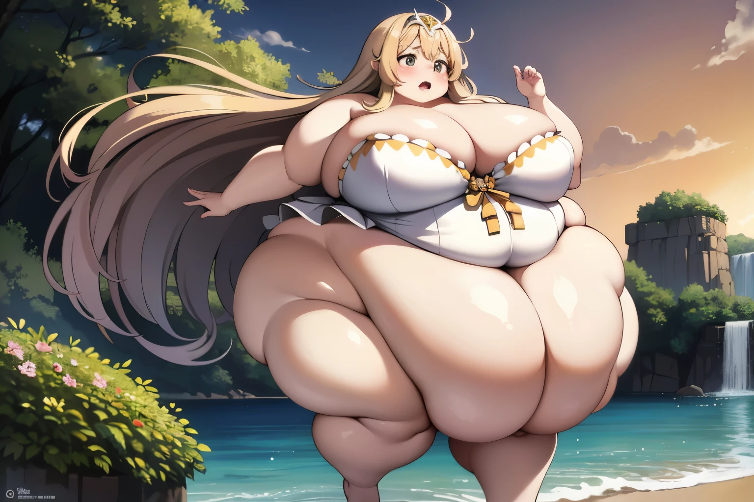 ((highest quality)), ((masterpiece)), (detailed), Perfect Face, Define the body, Big cleavage, Big Hips, massive legs, Overflowing breasts, Fat arms, Underbust, Fat, Xenoblade Chronicles 2 Mithra, (((extremely obese))), body whale-like size, body covered in fat, angry, mythra in a dazzling swimsuit, white swimsuit, whole body, beach, Sunset, From the back, Stand, big hip, from diagonally below, plump, thick lower body, fat