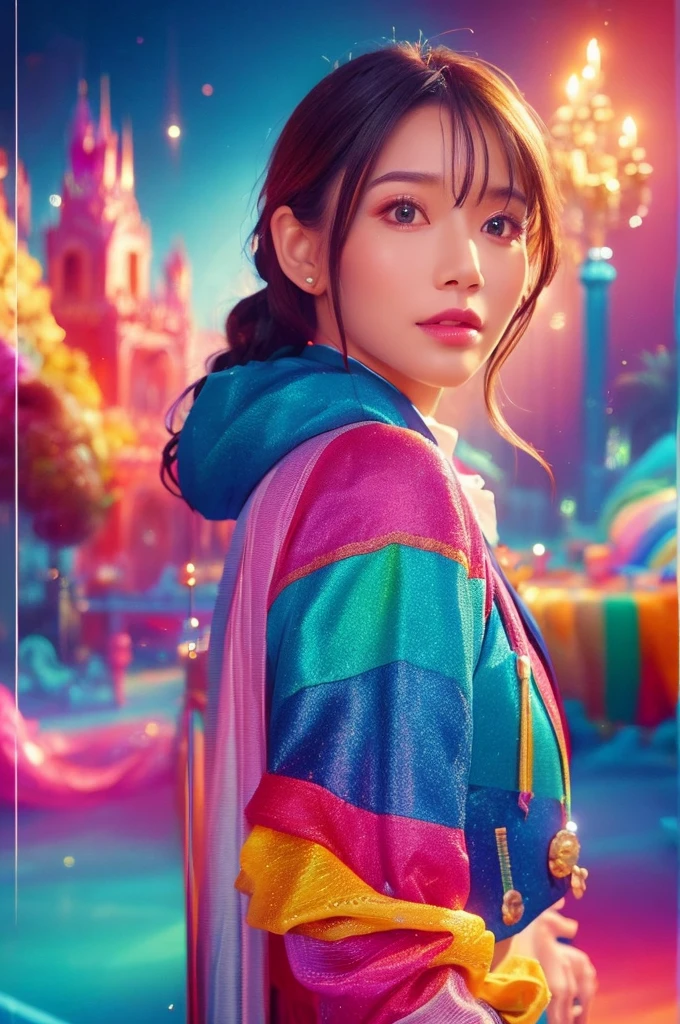 best quality, 8k, highly detailed face and skin texture, high resolution, sexy girl in colorful suit, fantastic style background image, magical style, sharp focus
