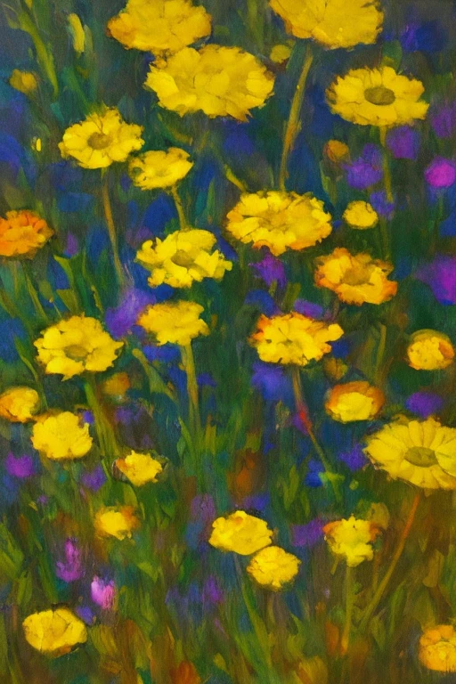 purple and yellow abstract impressionist painting of azaleas in bottom left corner of canvas, fade into dark background, water drops on the petals, focus on foreground, thick paint