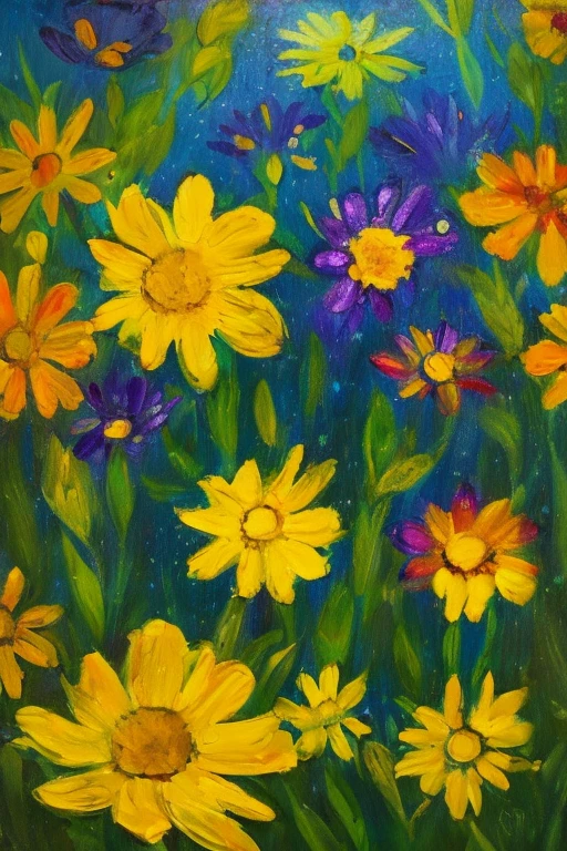 purple and yellow abstract impressionist painting of azaleas in bottom left corner of canvas, fade into dark background, water drops on the petals, focus on foreground, thick paint