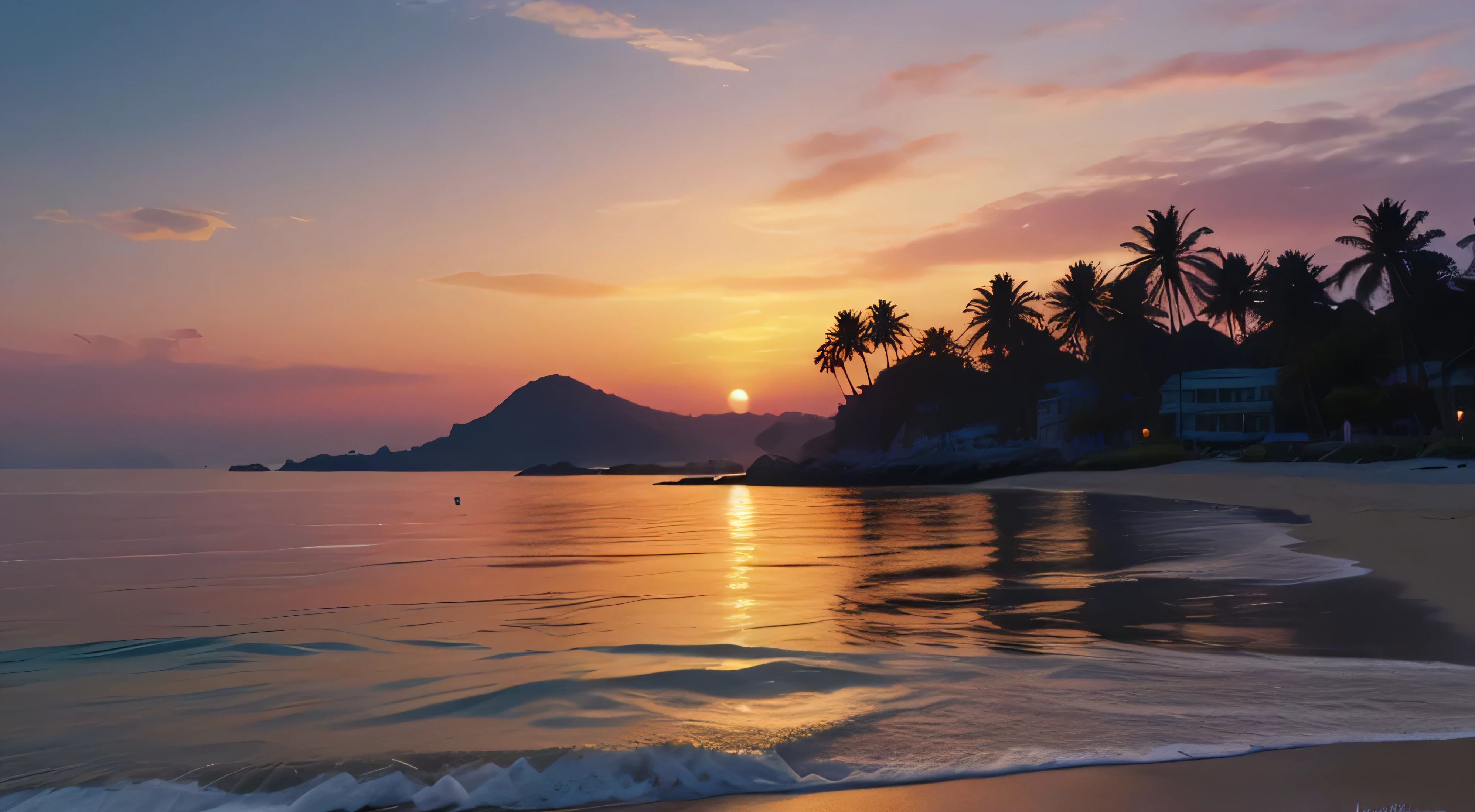 (best quality,4k,highres,masterpiece:1.2),ultra-detailed,physically-based rendering,professional,sharp focus,vivid colors,bokeh,landscapes,sunset,beach,ocean waves,serene atmosphere,relaxing vibe,calm sea,hues of orange and pink,dreamy atmosphere,gentle waves,blissful moment,tranquil beach setting,sun dipping below the horizon,glowing sky reflections on the water,silhouettes of palm trees,serene sounds of waves crashing,peaceful solitude at the beach,tranquil shoreline,seagulls flying in the distance,sand between your toes,cool ocean breeze,expansive view of the sea,reflecting the beauty of nature,serenity in the midst of nature
