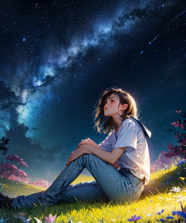 Describes a scene in which a cute girl is lying on a grassy hill and looking up at the stars。Surround her with colorful nebulae and her favorite constellations。Detailed face、Detailed legs、Detailed hands、White shirt、Wearing denim pants、