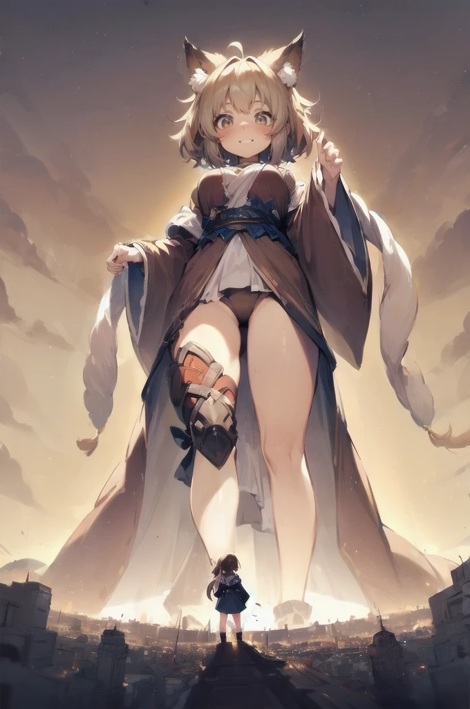 (2girls: 1.6), (height difference: 1.5), (size difference: 1.4), (giantess:1.1), a giantess looking down at a tiny woman, a giantess towering over a tiny woman, a tiny woman in front of a giantess, (brown skinned: 1.1), cute fantasy fancy robe, (fluffy ears), (short hair with long bangs), (catgirl), (messy hair)