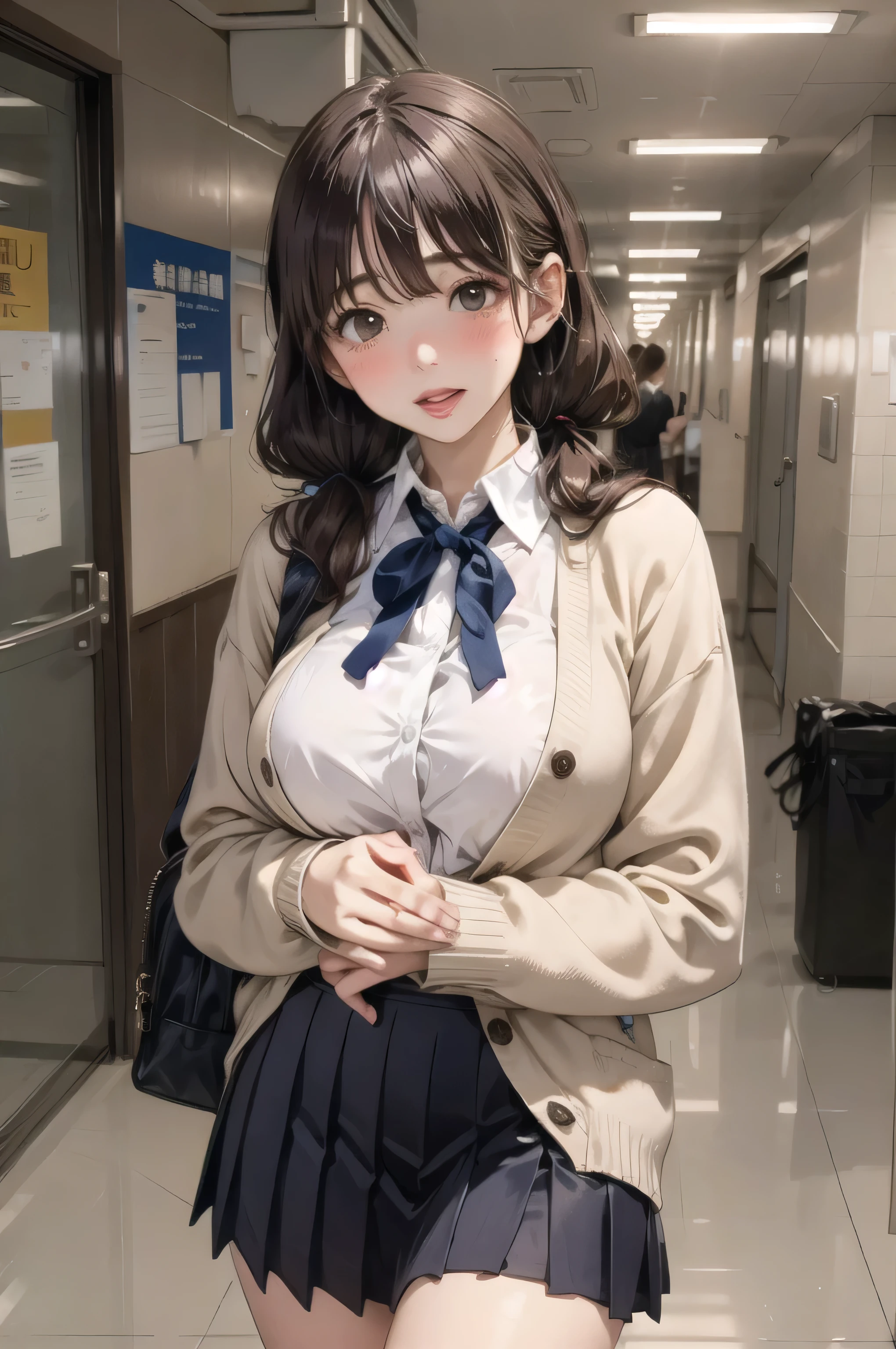 Blazer uniform、Beige long-sleeved cardigan、Brown long hair、Embarrassed、mini skirt、Thick ribbon on collar、School corridor、White blouse、Dark Blue Skirt、Big Tits、Young cute face、Big moist eyes、Beautiful lips、I have nothing in my hands、Blouse buttons、Accentuated bust line、is nervous、Looking up、Long-hemmed cardigan、looking at the camera、Hands folded in front of the waist、Half-open mouth、Pleated skirt、blush、Pigtails、Accurate Fingers