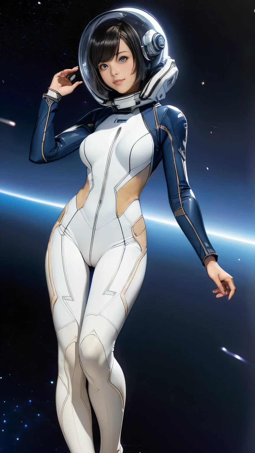 (masterpiece、best quality、Maximum resolution、Clear_image、details): (Full body picture、15 year old girl、Japanese Face、Small face、Thin、Navy Blue Super Short Bob Hairstyle、blue eyes、((Navy long sleeve space suit、Space Helmet))、earphone、Cosmic Tote Bag、Cute、gentle smile、Soft expression、earphone、(((Knee-high boots)))、Gloves come to elbow length、Shoot at eye level、face directly、Woman on a spaceship), (((Camel toe))), ((Plain white tights))