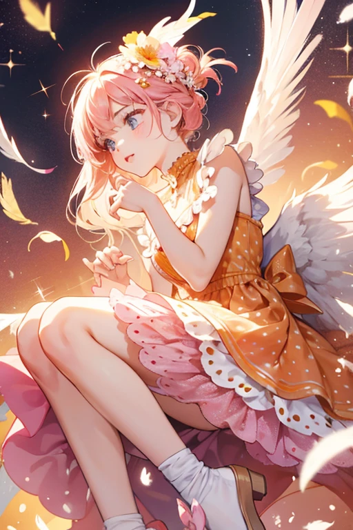 She has white feathers with orange legs, feet, and bill and wears a pink polka-dot dress with a flower on one side of her head. SPARKLE; GLITTER