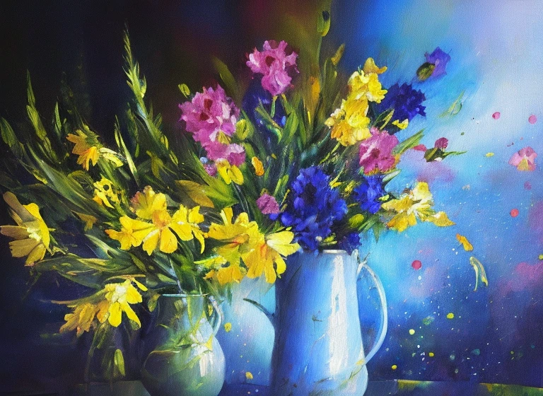 purple and yellow abstract impressionist painting of azaleas in bottom left corner of canvas, fade into dark background, water drops on the petals, focus on foreground, thick paint
