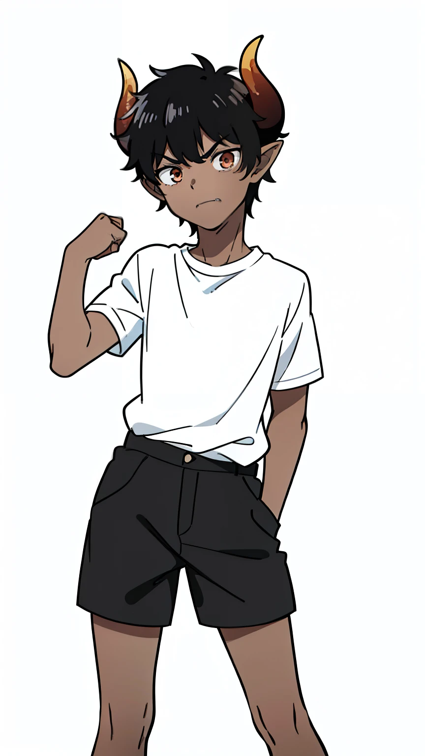 (1boy,8 years old,solo),((dark skin)),((white shirt,short sleeves,black shorts)),Short hair,black hair,elf ears,(horns),(white background,line drawing),angry,fangs,crouched,closed mouth