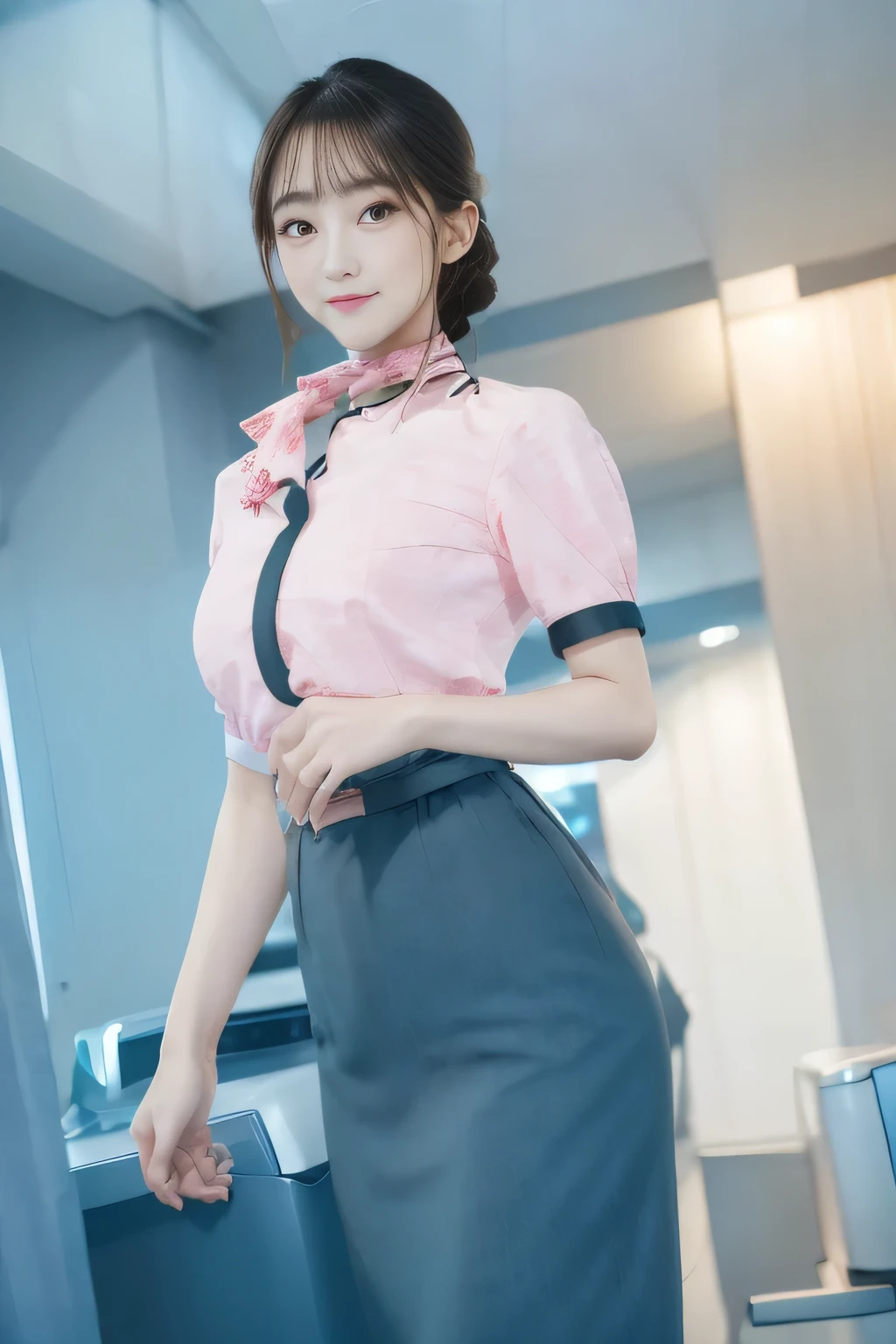 masterpiece:1.2、highest quality:1.2)、32K HDR、High resolution、(alone、1 girl、Slim figure)、（Realistic style wearing the ANA cabincrew uniform）、 (At the airport counter, Professional Lighting)、A proper woman, Beautiful Face,、（ANA cabincrew uniform）、（Short sleeve pink blouse）、（Scarf around the neck）、Big Breasts、（Long hair updo、Chignon）、Dark brown hair、Long Shot、（（Fine hand：2.0））、（（Harmonious body proportions：1.5））、（（Normal limbs：2.0））、（（Normal finger：2.0））、（（Delicate eyes：2.0））、（（Normal eyes：2.0））)、Beautiful standing posture、smile