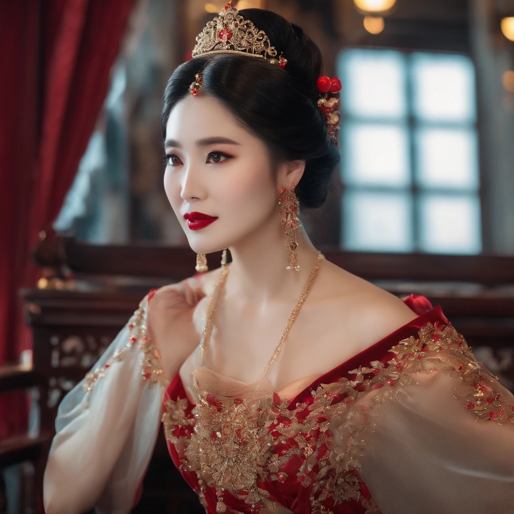 (best quality,4k,8k,highres,masterpiece:1.2),Chinese beauty,very pretty,49 years old,wine,beautiful dining room,chinese dress,long black hair,bright red lips,sparkling eyes,Fujifilm camera,captured in stunning detail,vivid colors,soft lighting,subtle shadows,portraits