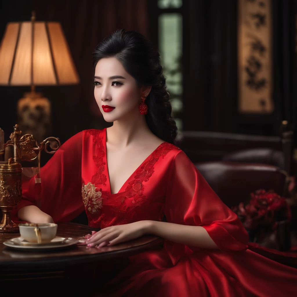 (best quality,4k,8k,highres,masterpiece:1.2),Chinese beauty,very pretty,49 years old,wine,beautiful dining room,chinese dress,long black hair,bright red lips,sparkling eyes,Fujifilm camera,captured in stunning detail,vivid colors,soft lighting,subtle shadows,portraits
