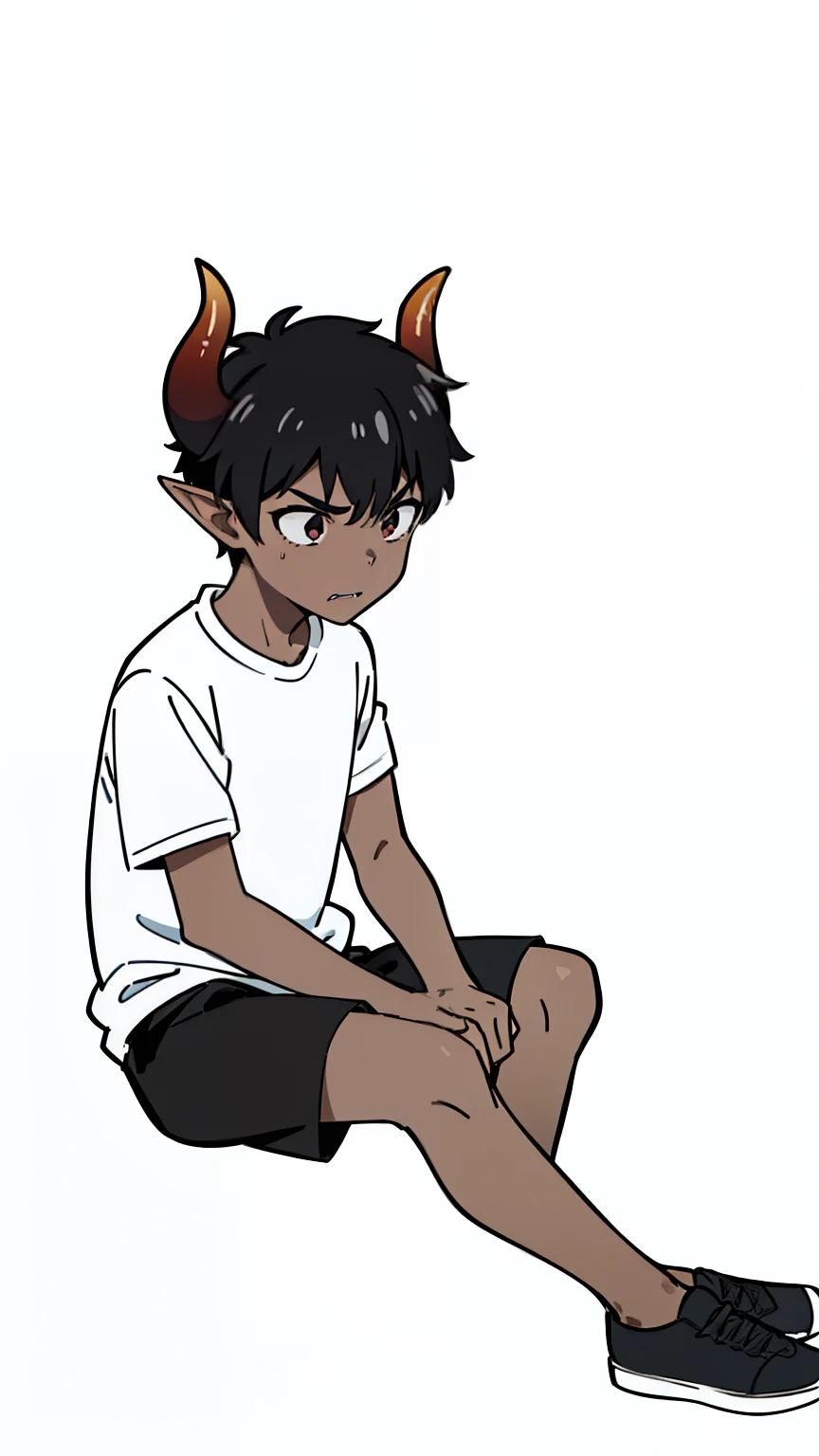 (1boy,8 years old,solo),((dark skin)),((white shirt,short sleeves,black shorts)),Short hair,black hair,elf ears,(horns),(white background,line drawing),angry,fangs,crouched,closed mouth