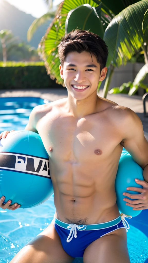 male Age 21 Lifesaver swimwear smiling hawaii in the morning with asai bowl