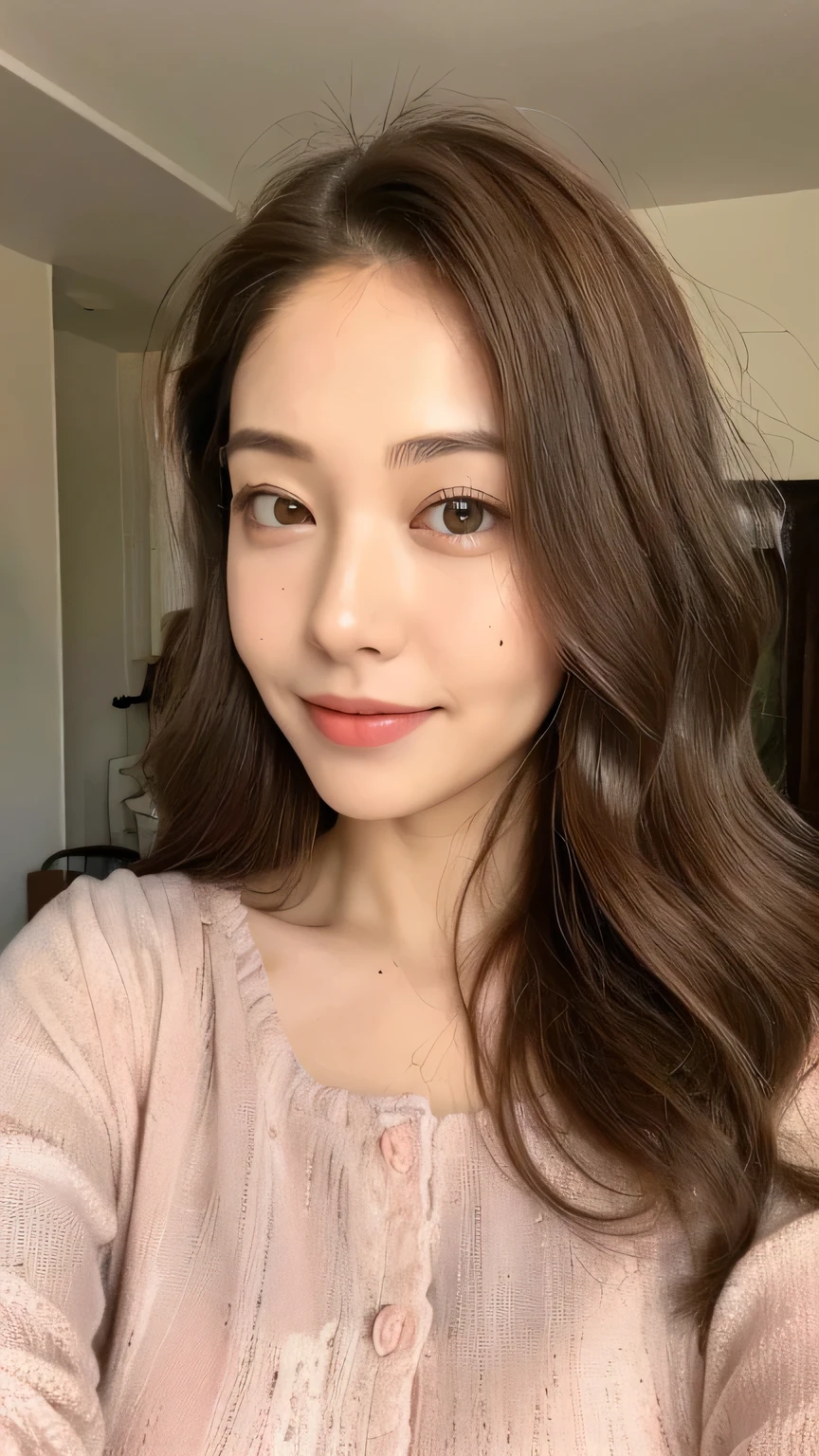 ((highest quality, 8k, masterpiece: 1.3)), 1 female, Japanese Mature,Sensual beauty: 1.3, (Hair style Brown hair Medium wave, big: 1.2), Nightwear: 1.1, Super slender face, Delicate eyes, double eyelid, Dimples,Mole, Home,relax,smile,Plump body,