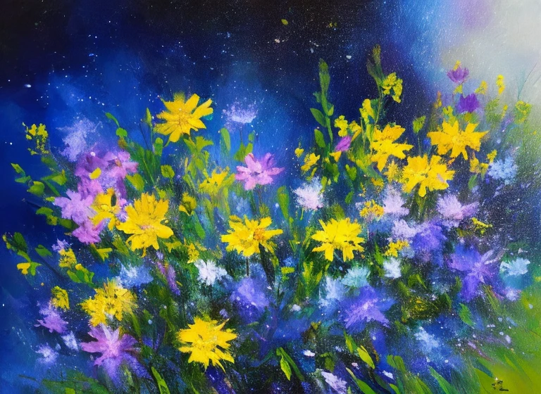 purple and yellow abstract impressionist painting of azaleas in bottom left corner of canvas, fade into dark background, water drops on the petals, focus on foreground, thick paint