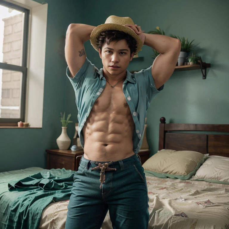 Midoriya Izuku, disfraz de vaquero, camisa abierta, sombrero de vaquero, pantalones de vaquero, acostado en una cama, mirada seductora, bulto en los pantalones, musculoso 