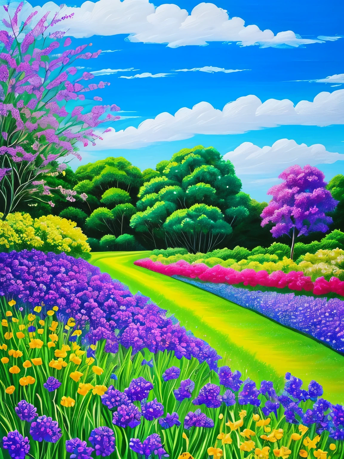 painting of a painting of a field of flowers with a sky background, a detailed painting inspired by Pamela Ascherson, trending on cg society, metaphysical painting, blue and purple plants, vines and blue foliage, forest with flowers blue, blue forest, blue and violet, plants growing on it. gouache, lush garden leaves and flowers, detailed acrylic painting, blue and purple