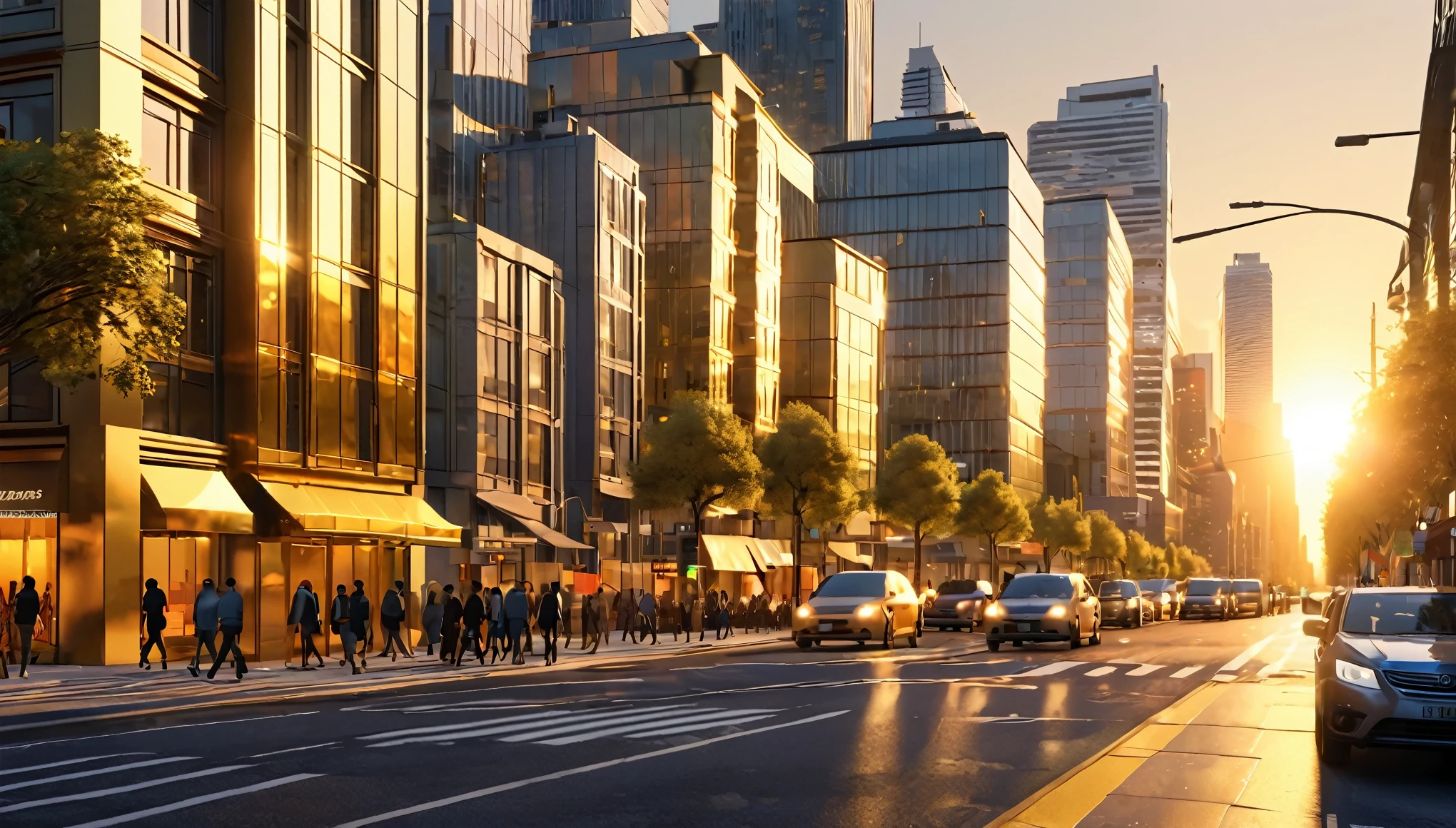 Image of the cityscape with congested streets, an evening scene with a golden sunset reflecting off glass buildings, creating a warm and glowing atmosphere, pedestrians and vehicles blending into the urban landscape, calm and reflective mood as the city transitions from day to night, 3D rendering, created using Blender with realistic lighting and textures, --ar 16:9 --v 5